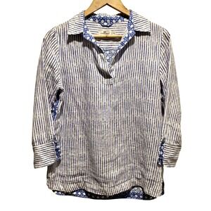 Vineyard Vines Linen Shirt Women XS Striped Cane Print Tunic Preppy Beach Resort